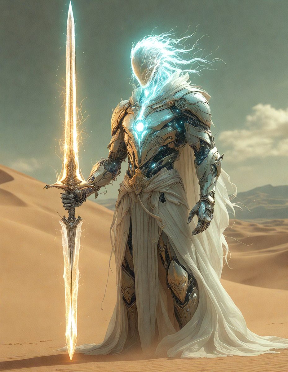 The primary subject of the image is a person dressed in a white robe, holding a sword. The setting is a desert environment, with a sandy surface visible in the background. The visual style appears to be a digital art or illustration, as the person is depicted with a futuristic, robotic appearance. The colors in the image are predominantly neutral tones, with the white robe and the sandy desert creating a calm and serene atmosphere.